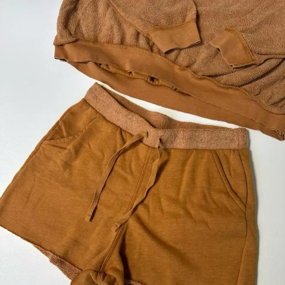 Free People Kelly Oversized Sweat Set Pullover Top Raw Hem Lounge Shorts Size XS